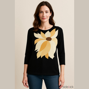 Milli Vintage black cream graphic flower 3/4 sleeve lightweight Italian knit M/L